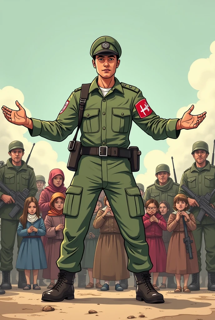 Cartoon of a person with the Red Cross symbol on his arm extended forward, protecting a group of civilians (children, women and elderly) who are behind him. The person could be standing on neutral ground between two opposing armies., but without showing direct violence, highlighting more the gesture of protection and the human figure.