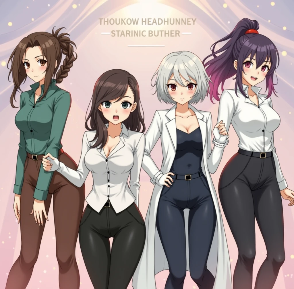 Four cute sexy adult teachers one with long brown hair with a braid another with short dark brown hair another with short white hair with a serious expression And finally a girl with long purple hair with two pigtails in sexy clothes