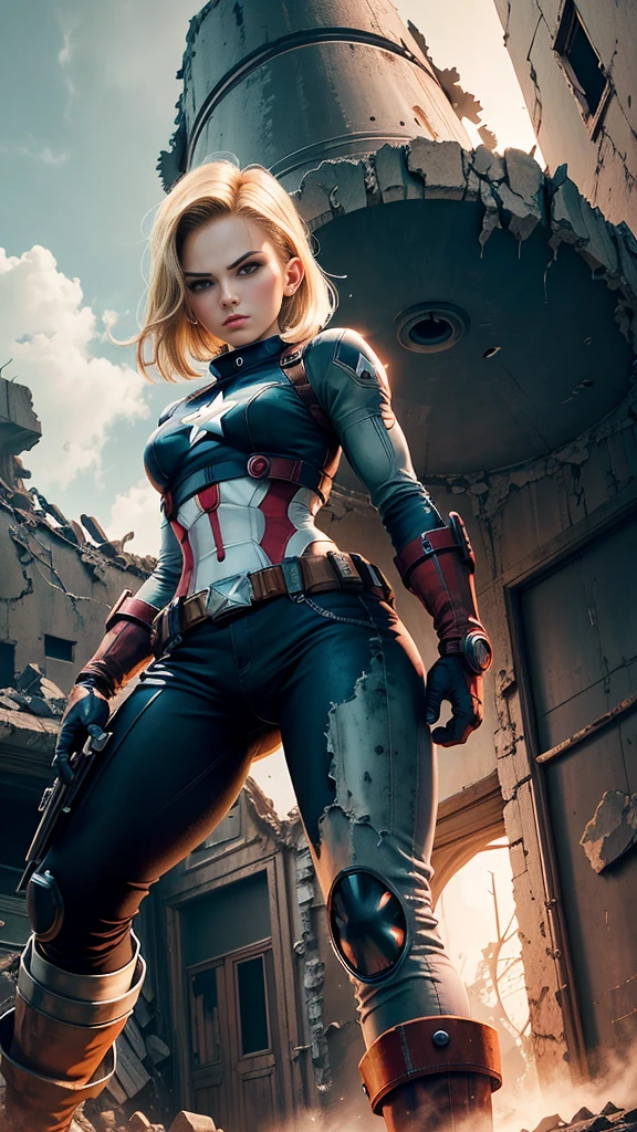 Android 18 Female version of Captain America background mechanical ruins, segurando o escudo do captain america
