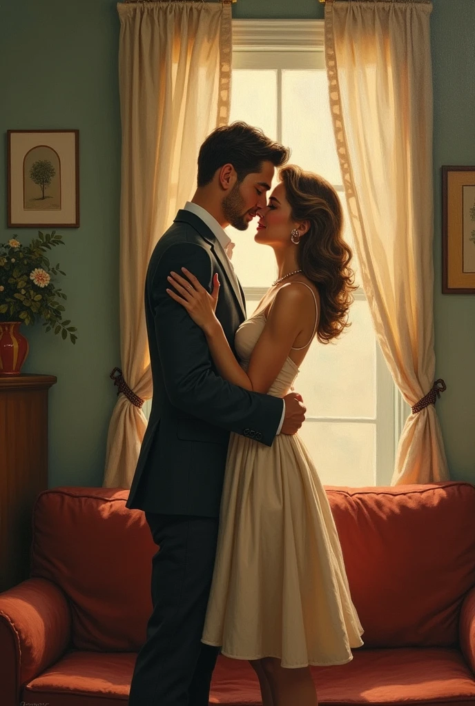 A painting on the wall of a cozy room with calm lighting featuring a painting of a 1950s-style couple embracing