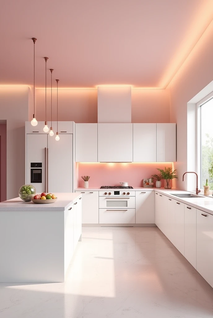 My ideal kitchen is white and pink . It has elegant white cabinets and pink countertops. The kitchen has a large bar in the center where the family gathers. Includes built-in oven and dishwasher. The refrigerator is spacious and matches the colors. The kitchen also has a lot of lighting