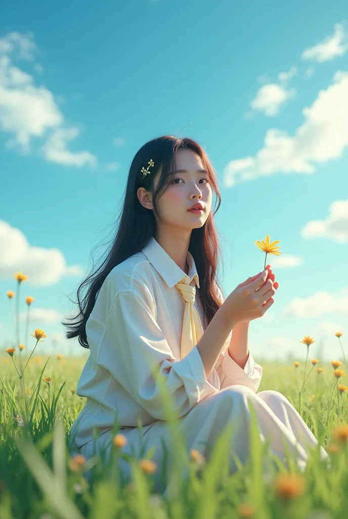 Best quality, masterpiece, ultra high res, (photorealistic:1.4), raw photo, 1girl, korean girl, cinematic lighting, meadow, blue sky, contrail, white clouds, necktie, white collared shirt, sleeveless, long hair, hairpin, sitting on the ground, sleeveless, real person, holding a flower