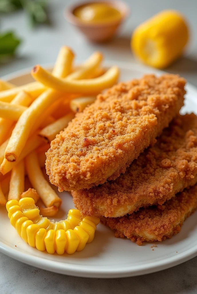 Chicken katsu,curly fries and corns on plate 