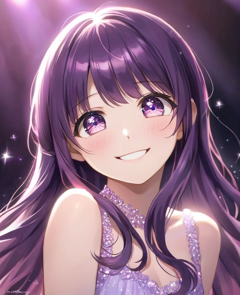 Hoshino Ai、Idol、Beautiful purple and pink eyes、The shining star in your eyes、Luminous effect、My Favorites、Spotlighted、A radiant smile、Long Hair、dress、Dark purple hair、masterpiece、Highest quality、Perfect Face、Look forward、Gazing at the audience、Beautiful eyes and hair、Cute Face、Perfect Face立ち