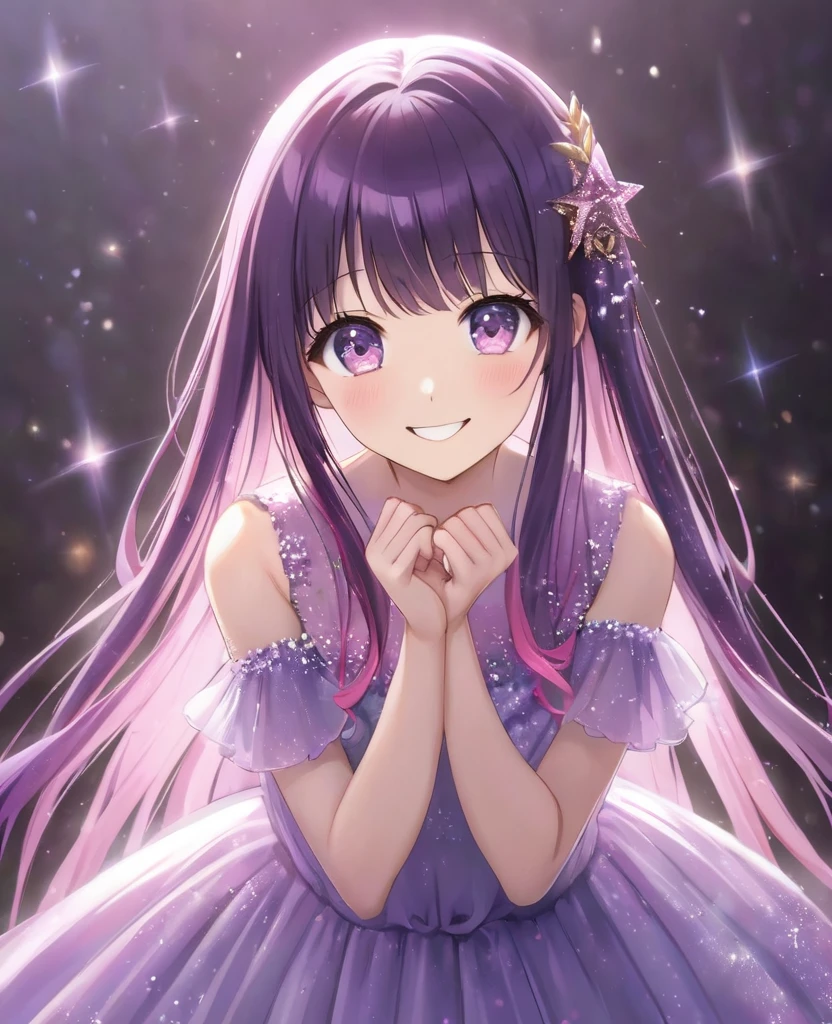 Hoshino Ai、Idol、Beautiful purple and pink eyes、The shining star in your eyes、Luminous effect、My Favorites、Spotlighted、A radiant smile、Long Hair、dress、Dark purple hair、masterpiece、Highest quality、Perfect Face、Look forward、Gazing at the audience、Beautiful eyes and hair、Cute Face、Perfect Face立ち