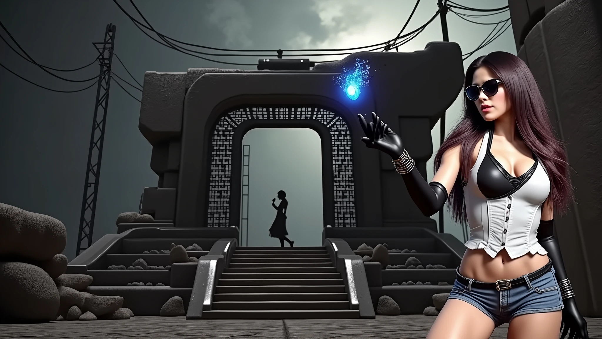 A young futuristic female sorcerer with a glowing floating small crystal stone, releasing mysterial spell and magical power, facing and defeating dark forces and beings. She stands with her right hand raised forward with a blue fire of light, at night, (1girl, solo, alone), photorealistic, large-breast slim:0.6 body, oval:0.5 face, cleavage:1.1, very low angle view of pleated miniskirt, deep-v, (upskirt), glove, (Matrix style black micro sunglasses), dynamic running pose, (half-body thigh level close-up shot), cinematic lighting, ray tracing, motion blur background.
