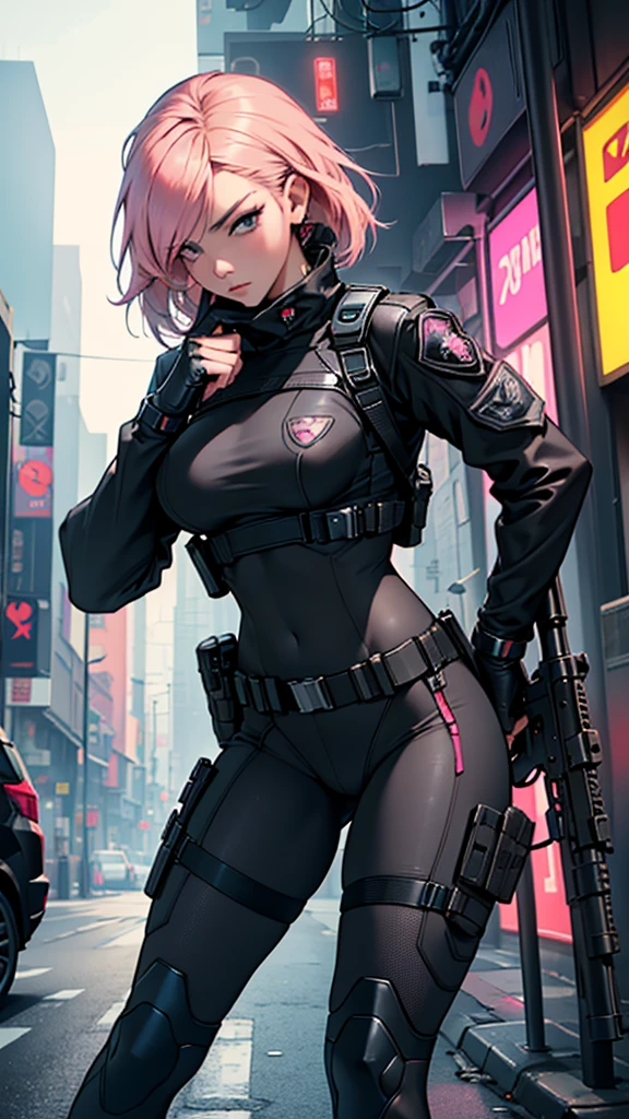 Beautiful girl realistic masterpieces full figure pose (best quality,ultra-detailed), pink hair, fair skin, fit body, slim figure, narrow waist, (cocky expression), full body coverage tactical black SWAT uniform with police insignia, medium close up shot, cyberpunk, wearing military tactical gear and assault rifle