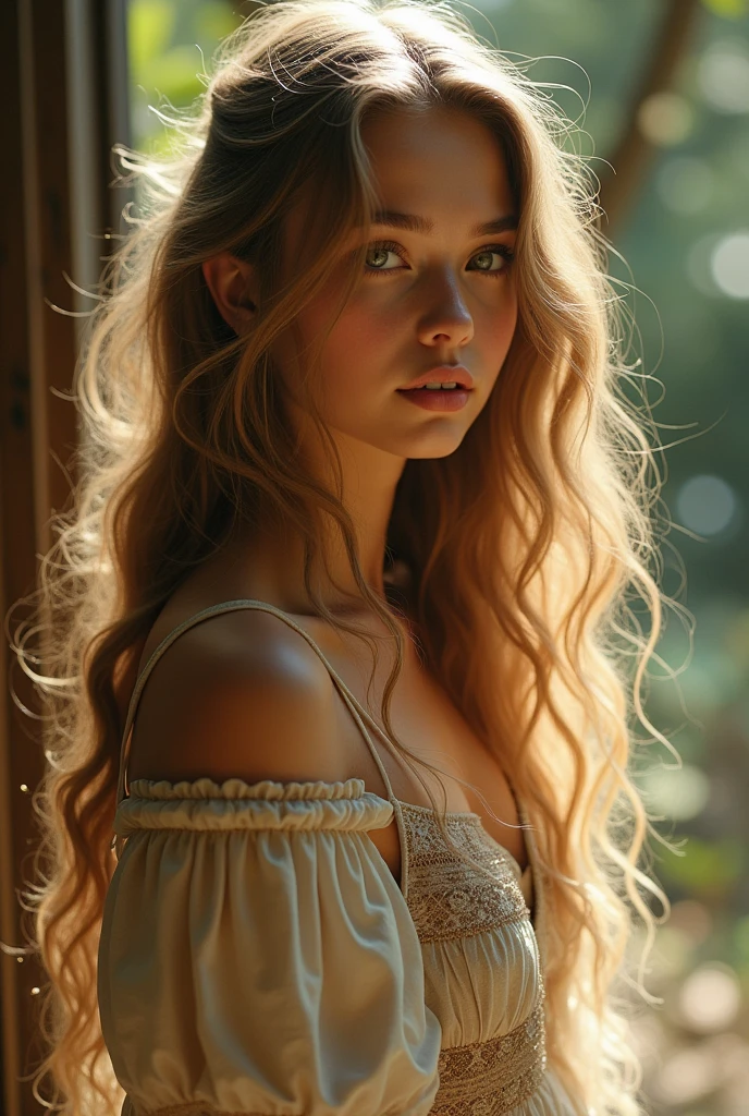 Beautiful girl with wavy long hair, bohemian dress,