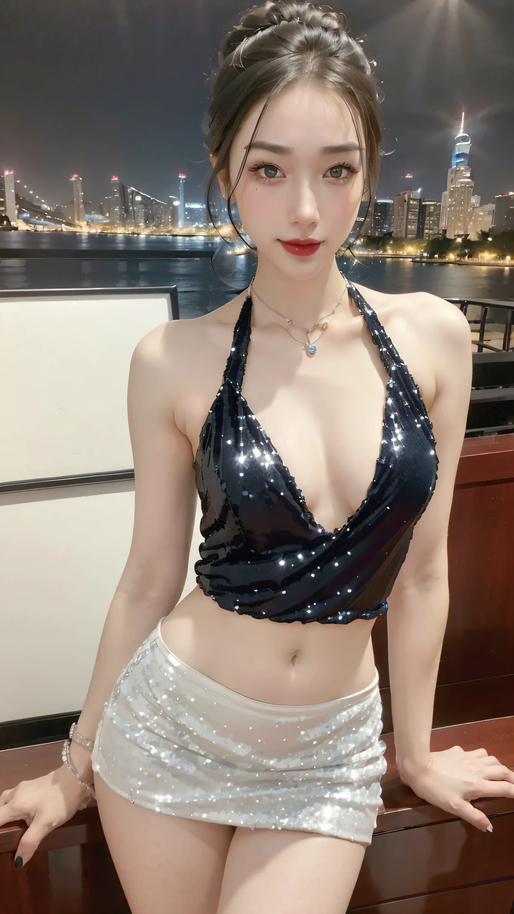 ((Realistic photo, Best quality, 8K, Masterpiece: 1.3)), (raw photo:1.2), Hyperrealist portrait gorgeous Beautiful Chinese girl, , Perfect Figure, pretty body, (beautiful small breasts: 1.2), very detailed eyes and face, (lustfully naughty face, crimson red lip, heavy makeup: 1.3, blushing), beautiful detailed eyes, seductive sharp eyes, (charming expression: 1.2), white skin, photo realistic, very detailed face, ((modern dark blue chiffon backless halter camisole)), ((white sequin modern pencil miniskirt: 1.2)), (modern jewelry, necklace, bracelet), (long legs: 1.2, beautiful long nails), modern bun updo hairstyle: 1.2, ((sexy standing pose)), (modern living room dim light, Night city view background)
