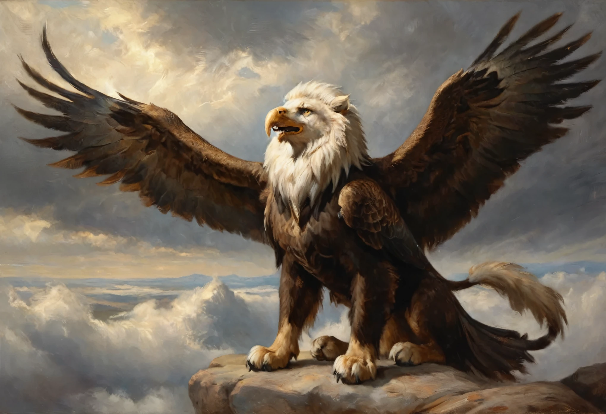 A griffin (head and mane of a white eagle, huge eagle wings attached to the shoulders, fore legs and talons of a bald eagle, body and hind legs of a lion, lion tail) flies majestically in the clouds, special note only one tail