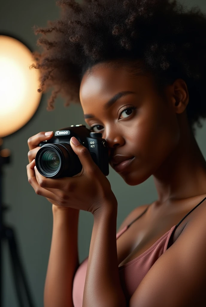 👀🤳 Okay… Here&#39;s what I&#39;m seeing… A photograph in a professional studio, where a beautiful young ebony-skinned woman is capturing a picture of a perfume bottle. The woman, with a concentrated and passionate expression, holds his camera firmly, carefully focusing on the elegant perfume bottle in front of her.

The studio is well lit, with soft, diffused lights that accentuate both the natural beauty of the woman and the detailed design of the perfume bottle.