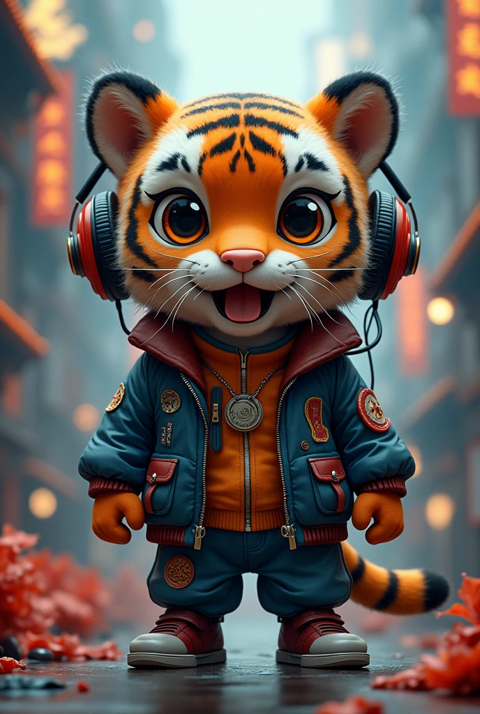 chinese style， cartoon tiger，velues，highly detailed surreal vfx，独奏，vision，Ultrathin，extremely detaild，high qualiy，8k ，OC rendering，dynamic perspective, in jacket and headphones