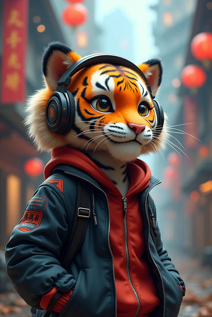 chinese style， cartoon tiger，velues，highly detailed surreal vfx，独奏，vision，Ultrathin，extremely detaild，high qualiy，8k ，OC rendering，dynamic perspective, in jacket and headphones