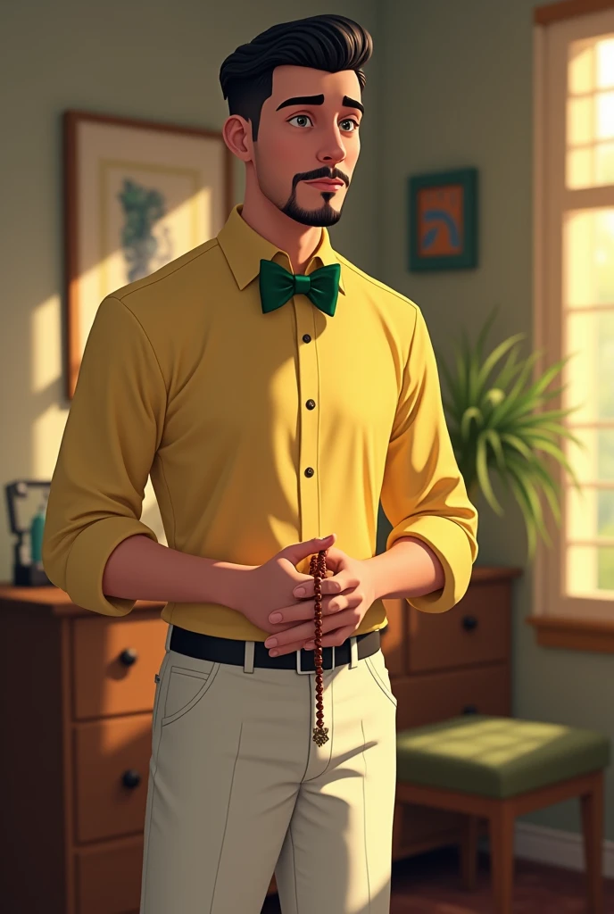 Professor Petterson is a white European young teacher stands in his simple room, wearing his signature yellow dress shirt, now paired with a green bow tie. His white pants are neatly pressed, and he holds a rosary gently in his hands. His short black hair is closely cropped, and his goatee, along with a prominent mustache, adds character to his face. The overall look is clean and polished, with the green tie adding a touch of flair to his usual attire. The room is bathed in warm afternoon light, highlighting the simplicity and calmness of the scene.