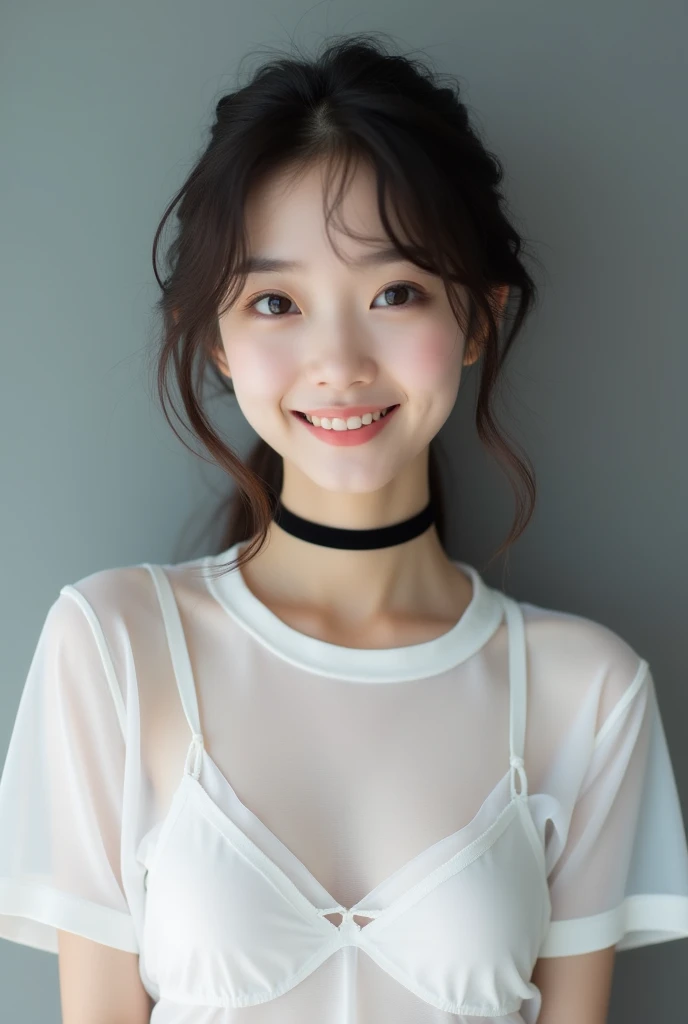 Very cute Japanese girl, smile, White semi-transparent T-shirt, Her body is visible through her T-shirt, You can see the shape of her breasts, (Details of Wacoal's latest sexy lingerie,Magenta)、Gray background、Studio shot、Black choker