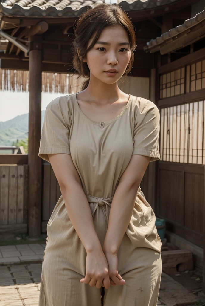 1girl, beautiful detailed female north korean woman, young, north korea, north korean face, short, thicc, large breasts, large ass, natural, natural lashes, no makeup, glistening sweat, pale skin, thin face, skinny face, poor clothing, dirty clothing, arafed woman, north korean farmer, korea harvest, korea rural travel, korean woman, traditional korean, edo style, rural korea, traditional clothes, paddy field, impoverished, disheveled, farmer, farming, messy thick luscious hair, tied short hair, detailed face, penetrating eyes, beautiful detailed lips, extremely detailed skin, detailed clothing, (best quality,4k,8k,highres,masterpiece:1.2),ultra-detailed,(realistic,photorealistic,photo-realistic:1.37), natural lighting, warm color tones, cinematic composition