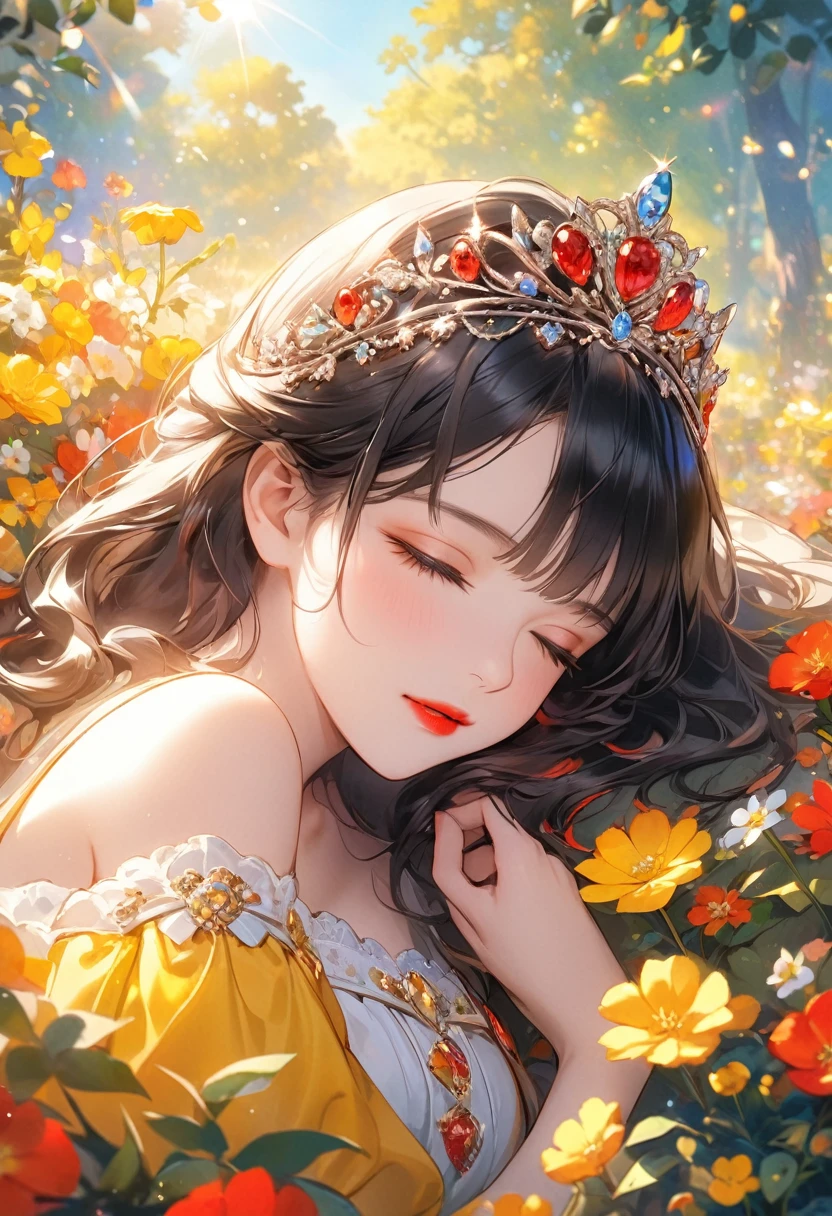 (Red and Yellow Themeアート),(Highest quality),(masterpiece),(1. snow white),(alone),Delicately painted face,Girl with a beautiful face,Clear brown eyes with beautiful details,(Red and yellow fashion with beautiful details),Sleep in the flower garden,Beautiful Skin,A dress with beautiful details,((赤と黄色の衣装と金のtiara)),(Beautiful silky black hair:1.3),tiara,Pure white skin,Red lips,Beautiful artistic illustration,Red and Yellow Theme,Beautiful sleeping face,(From the side),Lying in a flower garden,Colorful flowers,Buried in flowers,Bright colors,Soft gradient,pastel,Lens flare,(Floating in the sky),Blue sky background,Forest dwarves