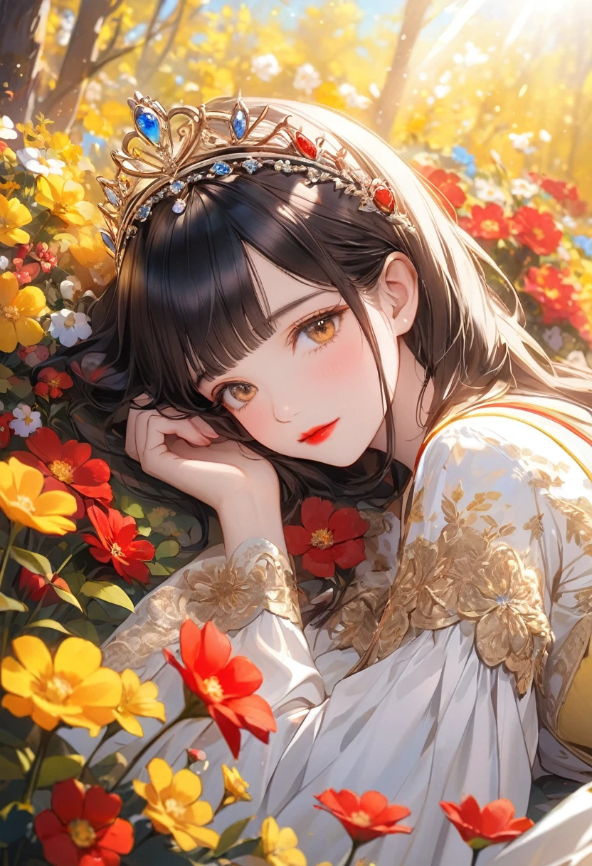 (Red and Yellow Themeアート),(Highest quality),(masterpiece),(1. snow white),(alone),Delicately painted face,Girl with a beautiful face,Clear brown eyes with beautiful details,(Red and yellow fashion with beautiful details),Sleep in the flower garden,Beautiful Skin,A dress with beautiful details,((赤と黄色の衣装と金のtiara)),(Beautiful silky black hair:1.3),tiara,Pure white skin,Red lips,Beautiful artistic illustration,Red and Yellow Theme,Beautiful sleeping face,(From the side),Lying in a flower garden,Colorful flowers,Buried in flowers,Bright colors,Soft gradient,pastel,Lens flare,(Floating in the sky),Blue sky background,Forest dwarves