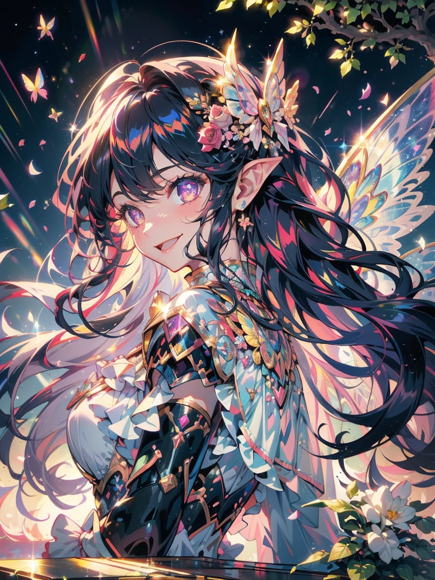 (masterpiece,best quality, Very detailed, beautiful, Beautifully, 16K, Full HD), (Sunlight,Sunlight,Flower petals flying,Garden),((Smile,Happy:1.5)),((Ruffles, Rhinestones and flowers,Sparkling Fluffy Multi-Layered Ball Gown)), Lots of flowers,Floral Decoration,((rose surround)),((Butterfly wings)),((Long white hair,Purple Eyes))(best quality, Detailed background, high resolution, ridiculous, bloom, disheveled hair, shiny hair, exposed to light, High and cold, Focused and meticulous gaze),Holy girl,Hair blowing in the wind, Fluffy hair),(White skin,Lavender-colored eyes, Long eyelashes, big eyes,Pale pink cheeks, Pointed ears),Dazzling light, Warm lighting, (Pastel colors,On the table, Art Station, Fantasy Art:1.2),