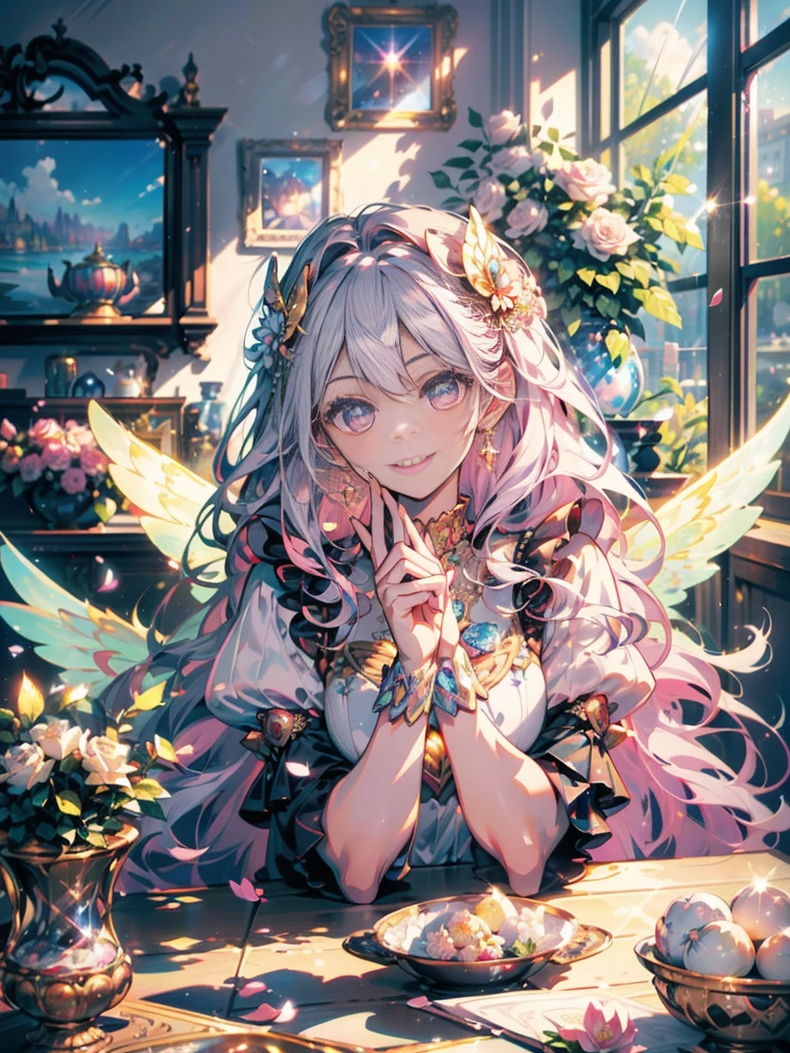 (masterpiece,best quality, Very detailed, beautiful, Beautifully, 16K, Full HD), (Sunlight,Sunlight,Flower petals flying,Garden),((Smile,Happy:1.5)),((Ruffles, Rhinestones and flowers,Sparkling Fluffy Multi-Layered Ball Gown)), Lots of flowers,Floral Decoration,((rose surround)),((Butterfly wings)),((Long white hair,Purple Eyes))(best quality, Detailed background, high resolution, ridiculous, bloom, disheveled hair, shiny hair, exposed to light, High and cold, Focused and meticulous gaze),Holy girl,Hair blowing in the wind, Fluffy hair),(White skin,Lavender-colored eyes, Long eyelashes, big eyes,Pale pink cheeks, Pointed ears),Dazzling light, Warm lighting, (Pastel colors,On the table, Art Station, Fantasy Art:1.2),