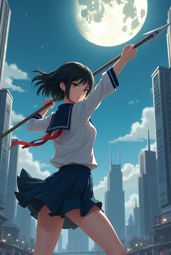 A high school girl throws a spear at the moon、Black Hair、Bobcut、Dynamic pose、Real、metropolis