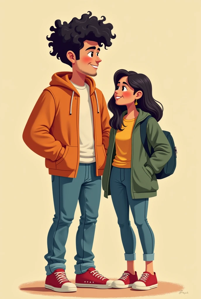 Two young people around , a man and a woman, the man being taller and with very curly hair, both dressed in clothes, and the woman with straight hair. that the whitest male is Latino and the woman is dark-skinned, that the man is without a beard, like in cartoons