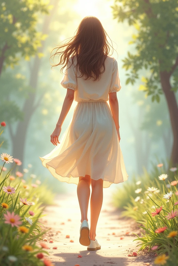 Draw a young woman walking freely。
Leisurely