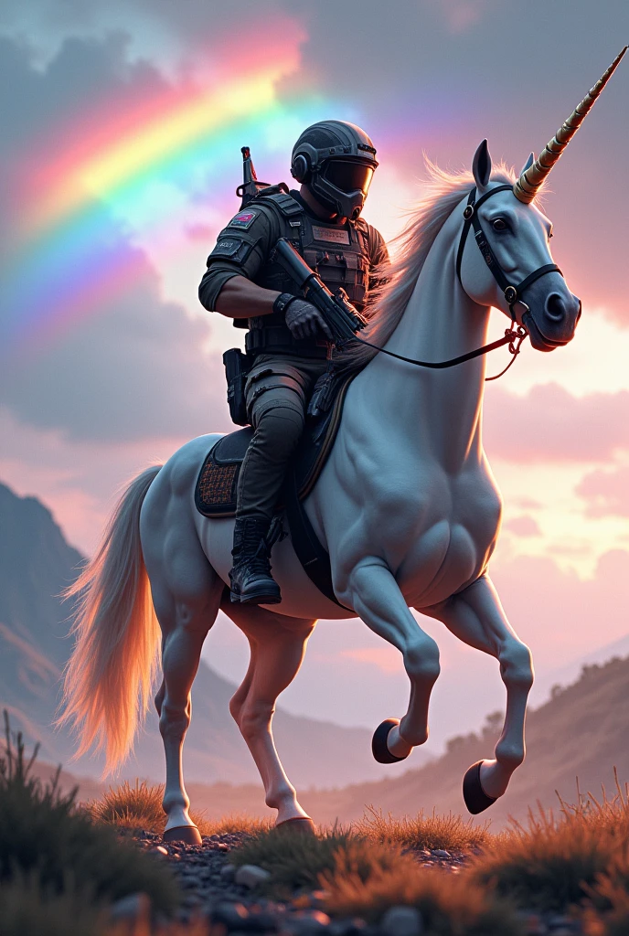 Call of duty soldier riding a unicorn with a rainbow behind 

