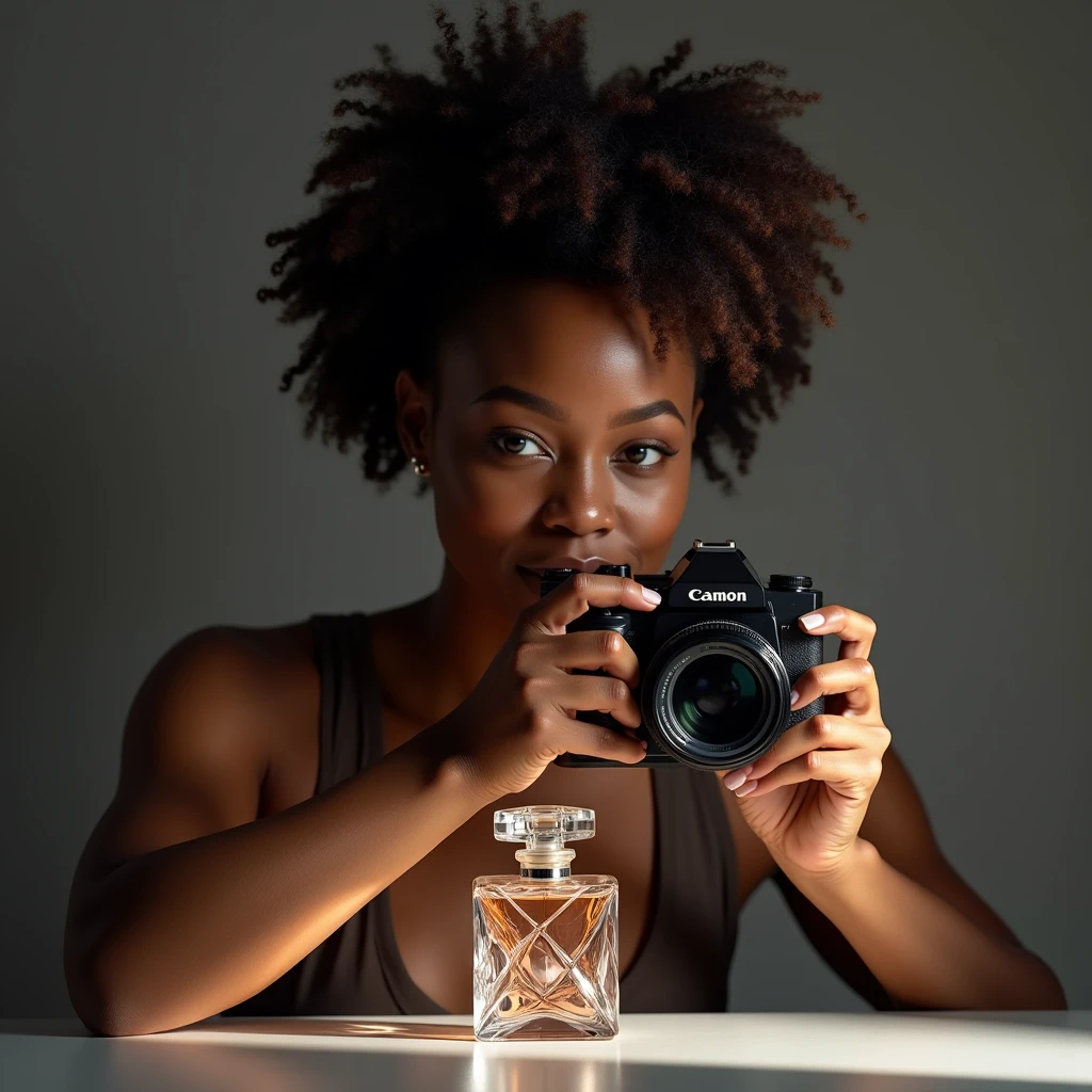 👀🤳 Okay… Here's what I'm seeing… A photograph in a professional studio, where a beautiful young ebony-skinned woman is capturing a picture of a perfume bottle. The woman, with a concentrated and passionate expression, holds his camera firmly, carefully focusing on the elegant perfume bottle in front of her.
The studio is well lit, with soft, diffused lights that accentuate both the natural beauty of the woman and the detailed design of the perfume bottle. The environment is minimalist, with a neutral background that does not distract, keeping the attention on the woman and the perfume. The perfume bottle has a sophisticated design, with a cut crystal that sparkles under the studio lights. The reflections and shadows in the scene are well balanced, highlighting both the precision of the photographer's work and the elegance of the product.
### 📷 Shall I take a snap?