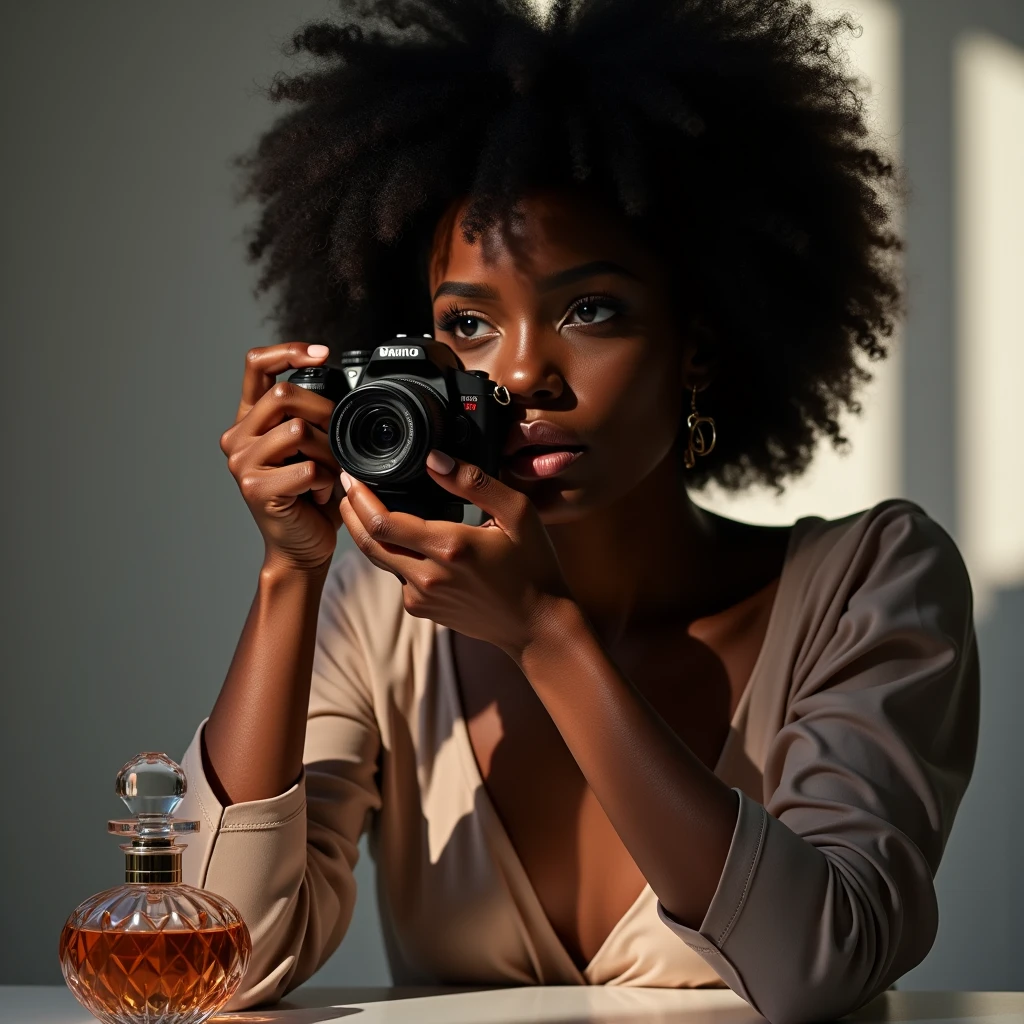 👀🤳 Okay… Here's what I'm seeing… A photograph in a professional studio, where a beautiful young ebony-skinned woman is capturing a picture of a perfume bottle. The woman, with a concentrated and passionate expression, holds his camera firmly, carefully focusing on the elegant perfume bottle in front of her.
The studio is well lit, with soft, diffused lights that accentuate both the natural beauty of the woman and the detailed design of the perfume bottle. The environment is minimalist, with a neutral background that does not distract, keeping the attention on the woman and the perfume. The perfume bottle has a sophisticated design, with a cut crystal that sparkles under the studio lights. The reflections and shadows in the scene are well balanced, highlighting both the precision of the photographer's work and the elegance of the product.
### 📷 Shall I take a snap?