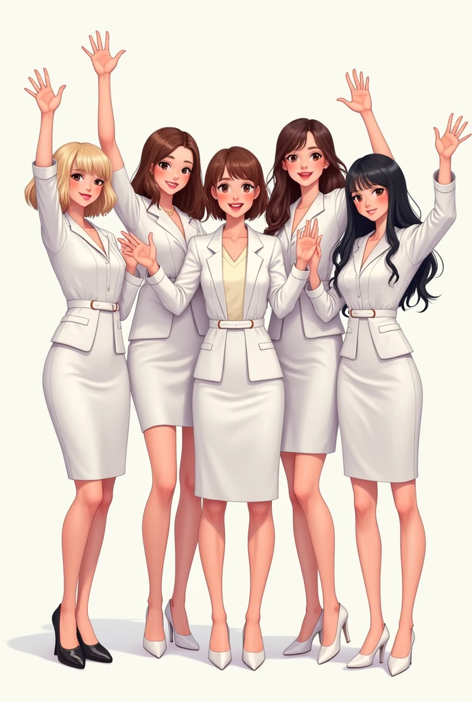 Make me a 2D drawing of five women in their 20s waving, the first one with shoulder length blonde hair with dark brown eyes, the second long wavy brown hair and dark brown eyes, the third shoulder length wavy brown hair with light brown eyes, The fourth one is shorter than the previous ones with light brown eyes and a little bigger., long brown straight hair; the last one with wavy black hair, Dark brown eyes and white skin all dressed in formal white