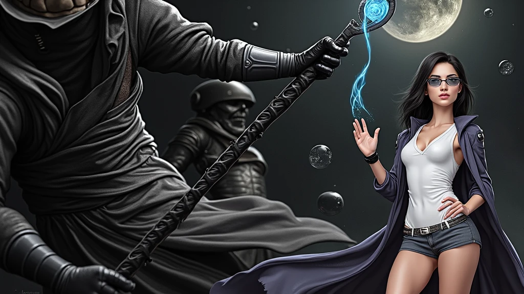 A young futuristic female sorcerer with a glowing floating small crystal stone, releasing mysterial spell and magical power, facing and defeating dark forces and beings. She stands with her right hand raised forward with a blue fire of light, at night, (1girl, solo, alone), photorealistic, large-breast slim:0.6 body, oval:0.5 face, cleavage:1.1, very low angle view of pleated miniskirt, deep-v, (upskirt), glove, (Matrix style black micro sunglasses), dynamic running pose, (half-body thigh level close-up shot), cinematic lighting, ray tracing, motion blur background.