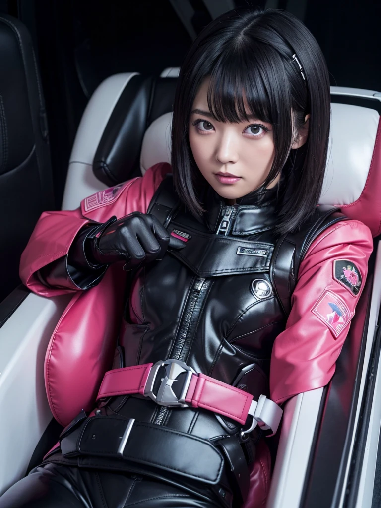 Japanese Sentai heroine,Black Hair,The spaceship's cockpit,He is fully secured in the black seat by a thick black harness belt.,White and dark pink skin-tight combat uniform,Plump,
