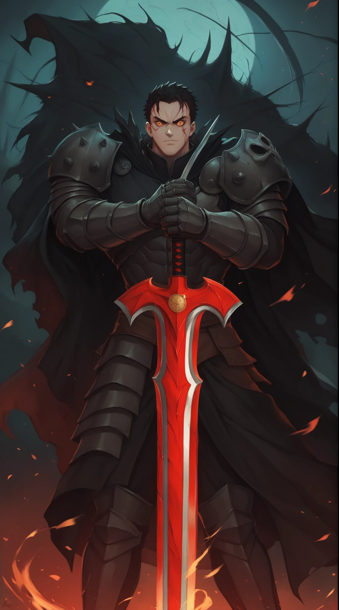 a painting of a man in armor holding a sword in front of a fire, handsome guy in demon slayer art, badass anime 8 k, by Yang J, anthropomorphic raven knight, demon slayer artstyle, berserk art style, demon slayer rui fanart, epic fantasy art style, berserk skullknight black armor, dark fantasy style art, holds a black sword