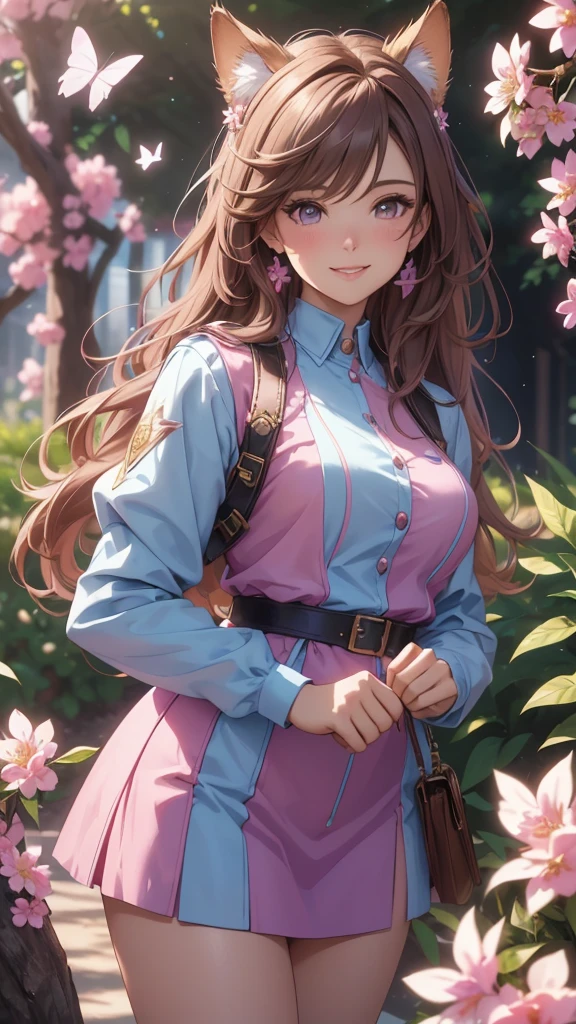 (best quality,4k,8k,highres,masterpiece:1.2),ultra-detailed,(realistic,photorealistic,photo-realistic:1.37),acrylic painting,beautiful Brazilian model in a uniform outfit with downy hair,beautiful Brazilian model with extremely colorful brown hair and detailed facial features,beautiful Brazilian model standing in a beautiful garden sakura flowers, long hair,cat ears, hair bows, uniform blue and pink outfits, smile, happy face,light brown hair,butterflies, brown eyes, mature woman, older woman, 30 year old, adult woman. Older lady, model pose