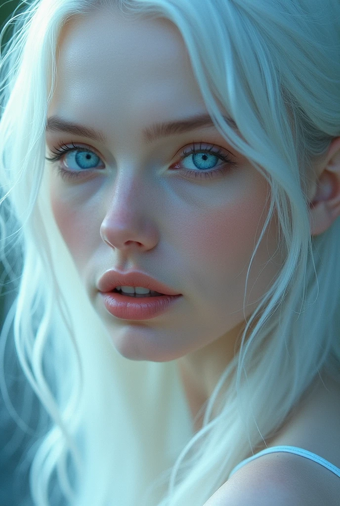 Woman with white hair and blue eyes