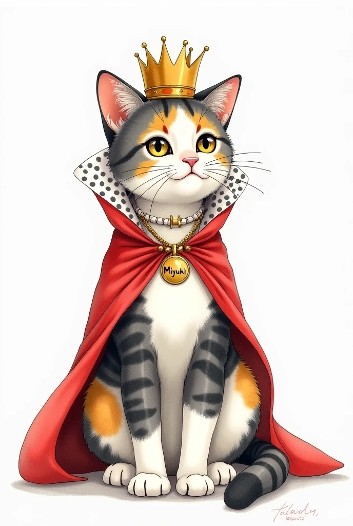 Watercolor painting of a realistic tricolor striped cat in white, gray, yellow and black colors dressed as a queen, With a crown and a red cape, the cat has a round spot in front of the neck, striped gray and black, near the collar, one paw is spotted gray and yellow and the other is white, and her body is in profile but facing forward, with a gold collar that says "miyuki"