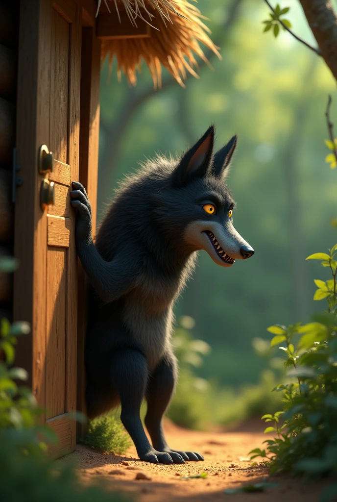 pixar style, sideview of a 3D cute but revengeful mischief black furry wolf, with realistic black fur, 3D illustration, screaming, looking at the wooden door of a straw house, (1male wolf:1.2), (sinister and mischief expression:1.5), dark behaviour, lean build, (disproportionate body long nose and mouth), (realistic fur texture), (jungle background:1.4), sunlight filtering through the trees, (soft lighting:1.3), (green and earthy color scheme:1.3), (highly detailed), (ultra quality:1.3), (masterpiece), (digital art), 8K resolution, HDR, depth of field, (soft shadows), (photorealistic:1.3), (animation:1.2), (by Greg Rutkowski:0.9), (in the style of Alphonse Mucha), trending on ArtStation, award-winning art