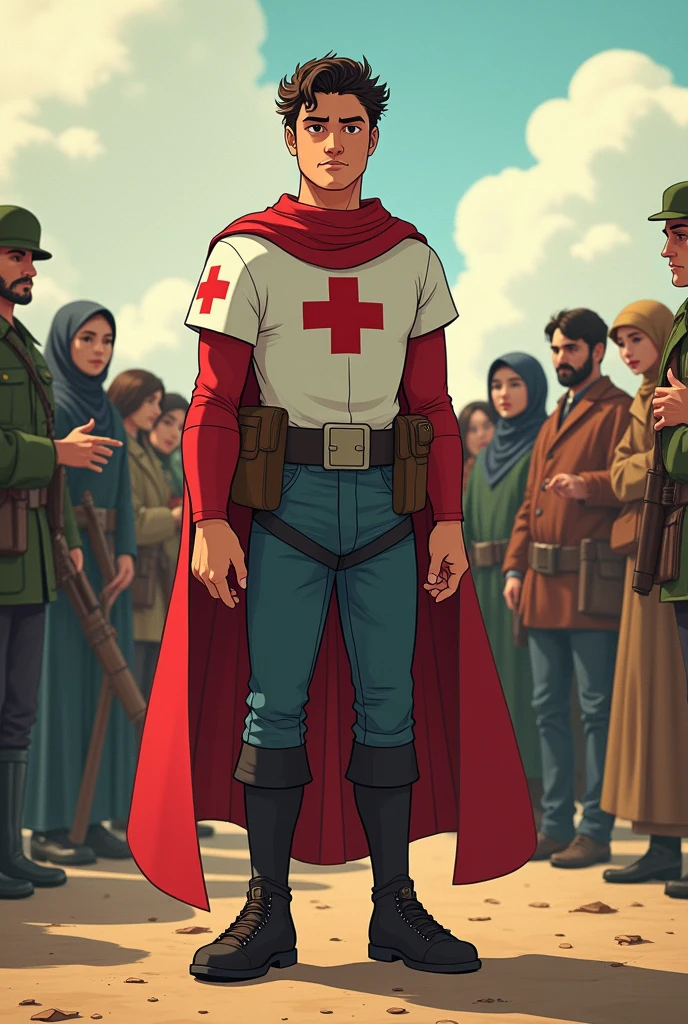 Cartoon of a person with the Red Cross symbol on his arm, protecting a group of civilians (children, women and elderly) who are behind him. The person could be standing on neutral ground between two opposing armies., but without showing direct violence, highlighting more the gesture of protection and the human figure.