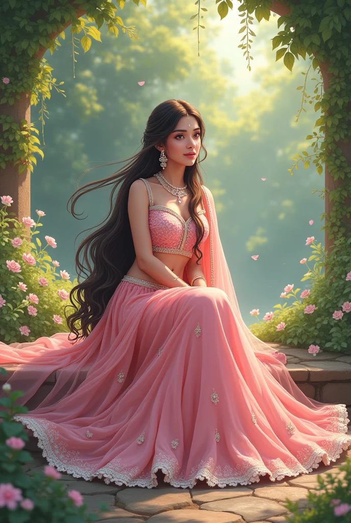 Radha Rani, who is sitting in the garden, has long, flowing hair. She is wearing long earrings and a pearl necklace around her neck. She is dressed in a very beautiful lehenga of light pink color, with white embroidery on it। The lehenga of Radha Rani is very maxi long frock full flair frock looking gorgeous.create anime image of that 