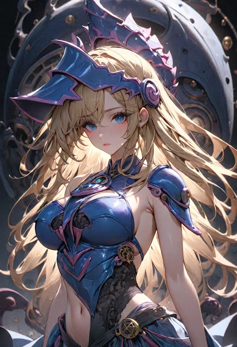 ((best quality)), ((masterpiece)), (detailed), 1girl, Dark Magician Girl (big forhead:1.2),extremely detailed cute anime face, (((ample chest))), ((((blonde hair)))),intricate eyes,beautiful detailed eyes,symmetrical eyes,(((detailed face))),beautiful detailed lips, dynamic pose, looking at this, resolved, resolute, highres,(best quality),(ultra detailed,extremely detailed),perfect face details, ((masterpiece:1.4, best quality))+, (ultra detailed)+, slim body, skinny, prominent collarbones, skinny arms, flat stomach, visible hip bones, long blonde hair, perfect face, Detailed body，Full limbs, ((Bare arms)), ((bare legs)), (low-cut blue armor), perfect face, a beaituful goddess valkyrie enshrined in ((skimpy blue armour)), grand in scale and intricacy, occult aesthetic, occult, detailed and intricate steampunk and detailed gothic, Very dramatic and cinematic lighting, cosmic horror, grim dark, ((blue armor with pink highlights)) with a sense of technology, side-lighting, NSFW, Depicting female characters from ethereal anime in a high-quality anime art style, gothic lolita, full body, whole body, body