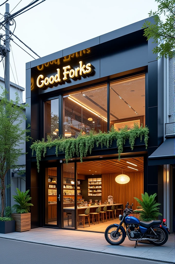 Create a two-story retail store. Gastronomy sector, will deliver lunch boxes. Beautiful facade with large windows. Large parking for motorcycles. It needs to have a side entrance. Facade written GOOD FORKS