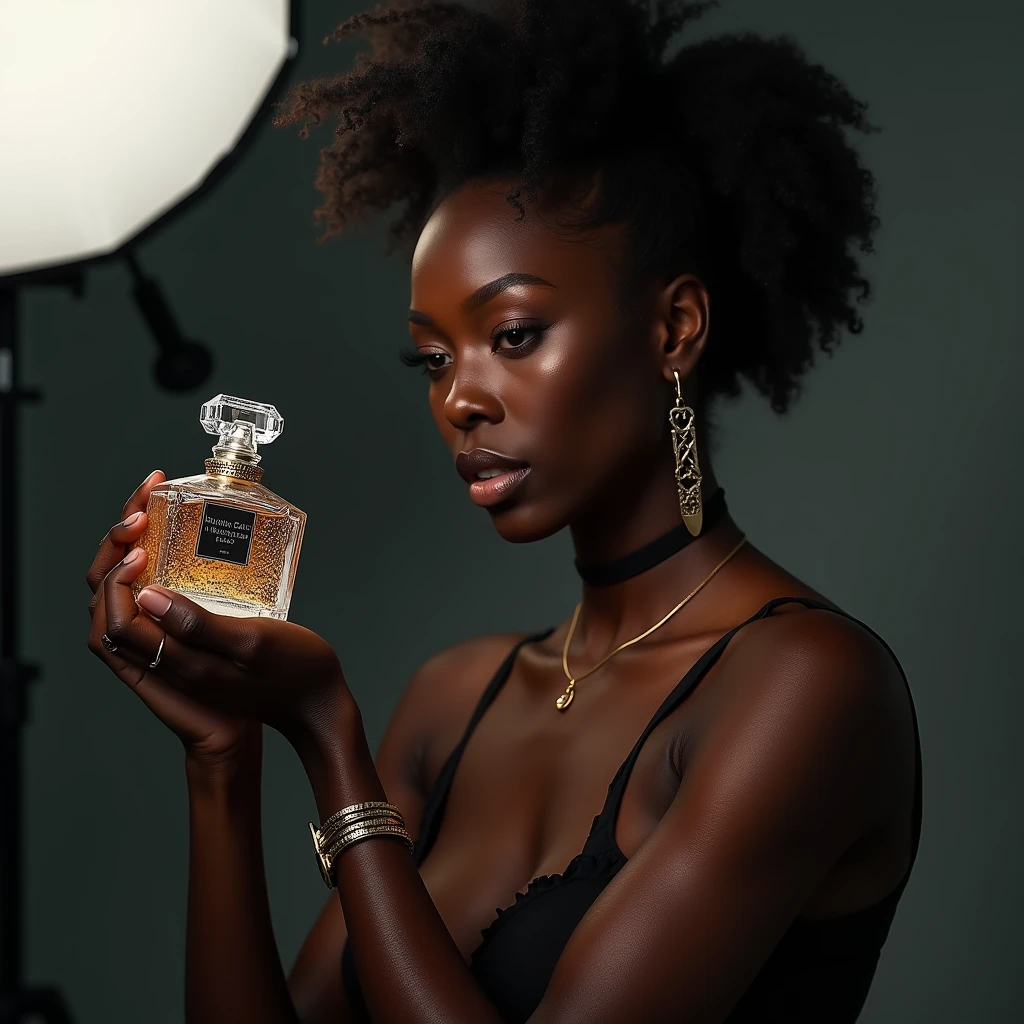 beautiful ebony skinned woman, professional photography studio, elegant perfume bottle, concentrated passionate expression, holding camera firmly, carefully focusing on perfume bottle, soft diffused lighting, minimalist background, sophisticated crystal perfume bottle design, balanced reflections and shadows, high quality, 8k, photorealistic, professional photographer, studio lighting, physically-based rendering, vivid colors, jewelry, portrait, product photography