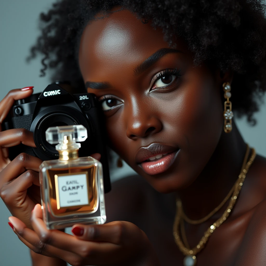 beautiful ebony skinned woman, professional photography studio, elegant perfume bottle, concentrated passionate expression, holding camera firmly, carefully focusing on perfume bottle, soft diffused lighting, minimalist background, sophisticated crystal perfume bottle design, balanced reflections and shadows, high quality, 8k, photorealistic, professional photographer, studio lighting, physically-based rendering, vivid colors, jewelry, portrait, product photography