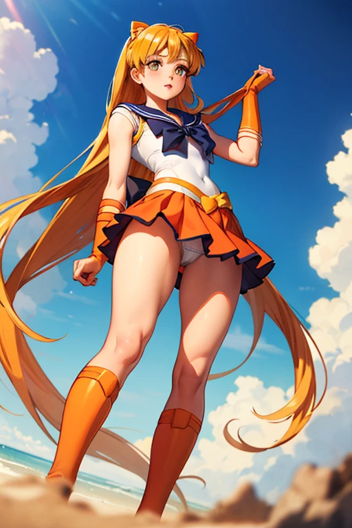 ((Best Quality)), ((masterpiece)), (Very detailed), 1 girl,((sailor venus art)), mini skirt, white panties,looking at the viewer,((Whole body)),((view from below))
