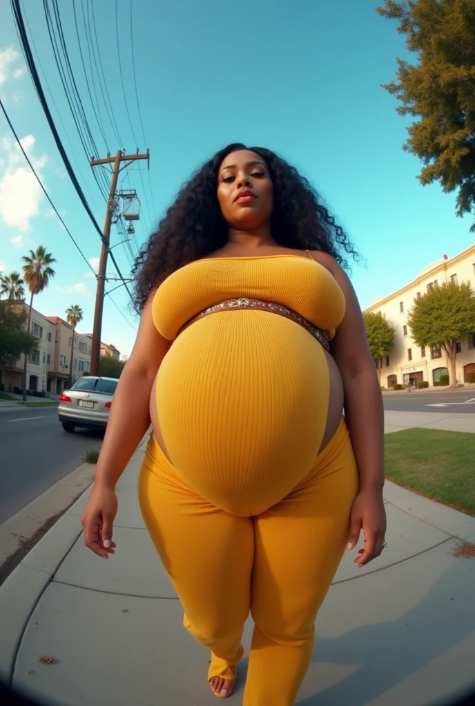 Pov fisheye camera view when Cardi B&#39;s fat and curvy pregnant mother looks like her hand is holding your camera while on the streets of Santa Clara, california with sunny atmosphere and blue sky . Hd 14K, cinematic, Photorealistic, fisheye camera view, iphone camera style, highly shapering, high detailed, masterpiece