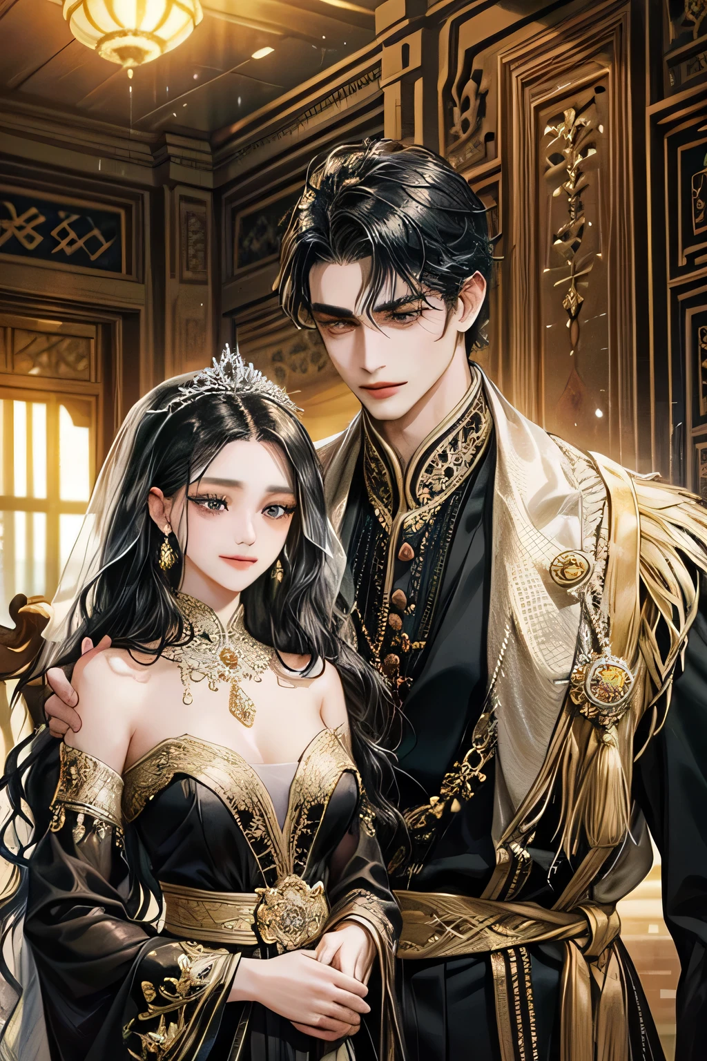 couple, javanese style, black, smile and charming, quiet but gentle, light black eyes, royal palace, dark black hair, flower bloom, wedding black suit, altar, kebaya, palace, indonesia temple, javanese style, (big masculine body male, swept side short dark black hair), (sweet and charming black wavy hair female), masterpiece, detailed body, accurate