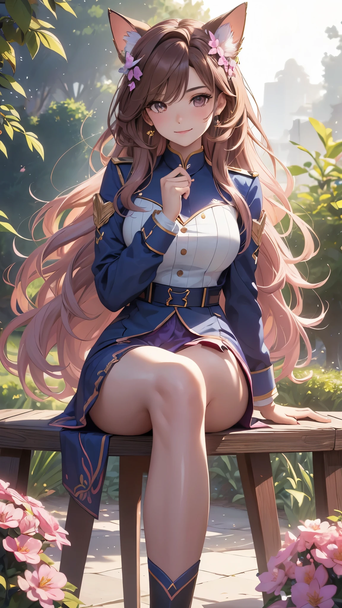 (best quality,4k,8k,highres,masterpiece:1.2),ultra-detailed,(realistic,photorealistic,photo-realistic:1.37),acrylic painting,beautiful Brazilian model in a uniform outfit with downy hair,beautiful Brazilian model with extremely colorful brown hair and detailed facial features,beautiful Brazilian model standing in a beautiful garden sakura flowers, long hair,cat ears, hair bows, uniform blue and pink outfits, smile, happy face,light brown hair,butterflies, brown eyes, mature woman, older woman, 30 year old, adult woman. Older lady, legs crossed