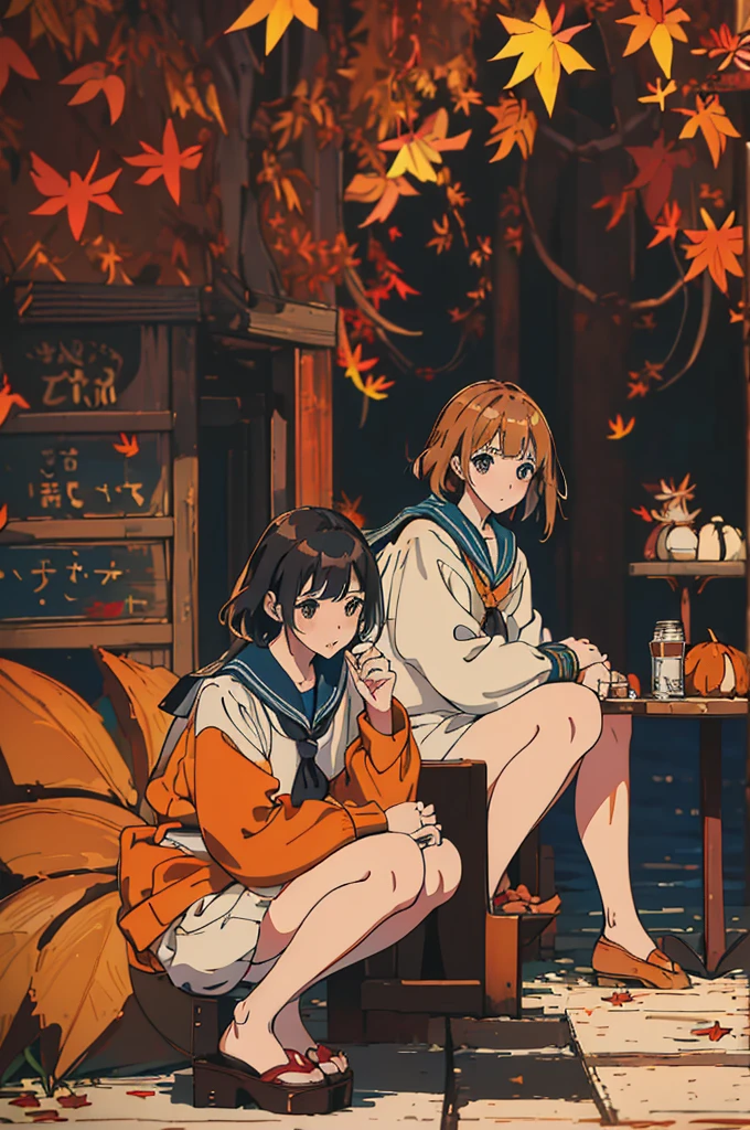 (masterpiece:1.2), Highest quality,Pixiv,Surprised girl,Portraiture、1、Large Breasts、Small waist、Close-up of face、Ecstasy、((((Autumn Outfits、Sailor suit、Squatting sloppily))))、mini skirt、Girl sitting、Beer and Yakitori
