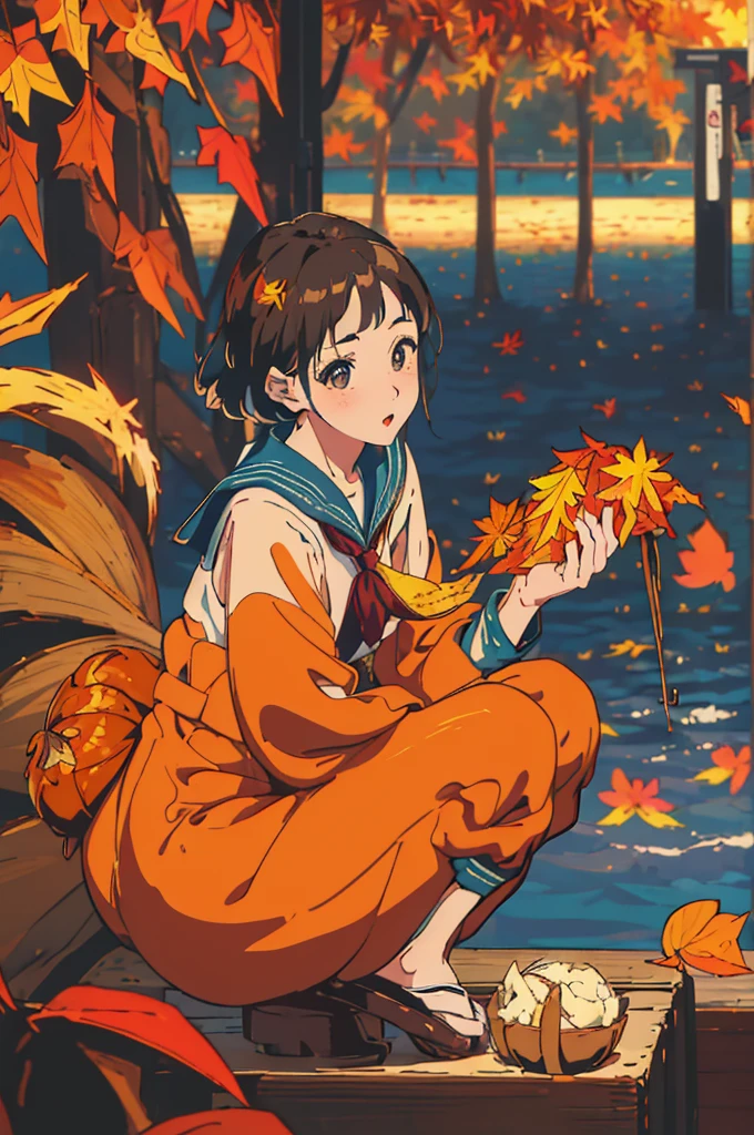 (masterpiece:1.2), Highest quality,Pixiv,Surprised girl,Portraiture、1、Large Breasts、Small waist、Close-up of face、Ecstasy、((((Autumn Outfits、Sailor suit、Squatting sloppily))))、mini skirt、Girl sitting、Beer and Yakitori